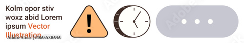 Time management, communication, alerts, deadlines, notifications, workflow. Exclamation triangle, clock and three-dot ellipsis icon in a linear arrangement. Time management and communication concept