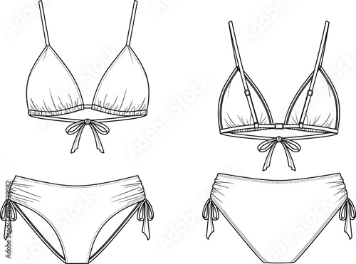 Minimalist technical fashion sketch of bikini set with triangle top, high-cut bottom, side ties, front knot, and ring detail.