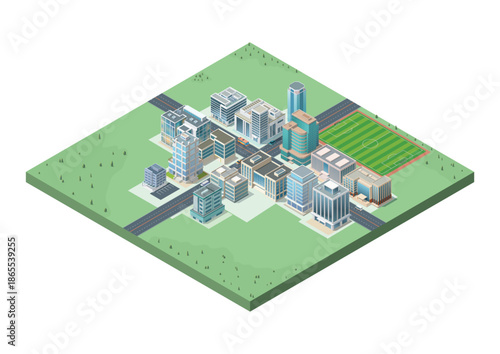 Isometric urban area with modern building