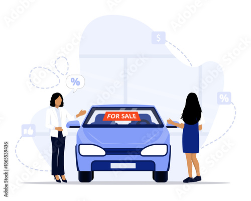 Vehicle sale concept illustration. Suitable for landing page, ui, web, App intro card, editorial, flyer, and banner.
