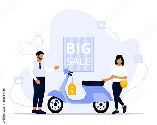 Vehicle sale concept illustration. Suitable for landing page, ui, web, App intro card, editorial, flyer, and banner.