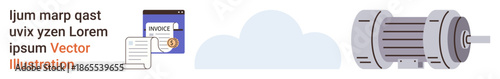 Cloud storage, financial management, digital tools, engineering, mechanical design, technology. A business invoice and an electric motor diagram with a cloud in the background. Cloud storage