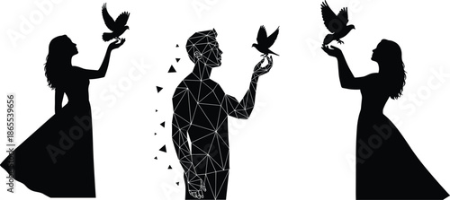 Polygonal man silhouette with flying bird, flanked by women in dresses holding birds, symbolizing transformation, symmetry, and human connection.