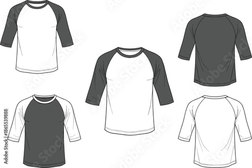 Raglan sleeve shirt vector set with front and back views, three-quarter sleeves, color variations, fashion mockup illustration design