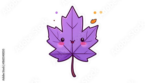 Adorable purple cartoon maple leaf with rosy cheeks and a happy face. Decorative sparkles