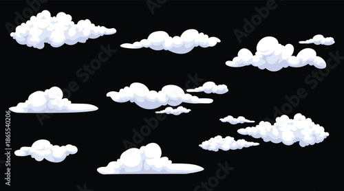 White cartoon cloud illustration set isolated on dark background