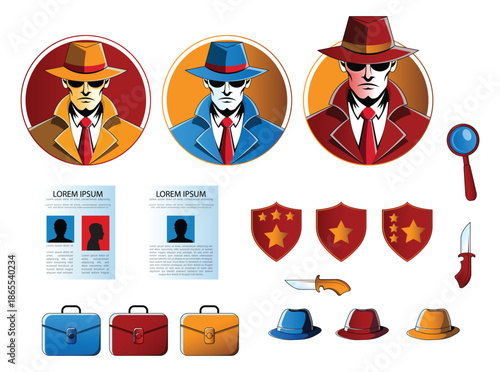 Detective character and investigation icon illustration set in noir style