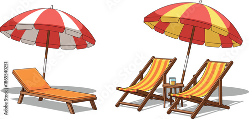 Vector illustration of beach lounge chairs and umbrellas isolated on white for summer vacation and travel resort themes.