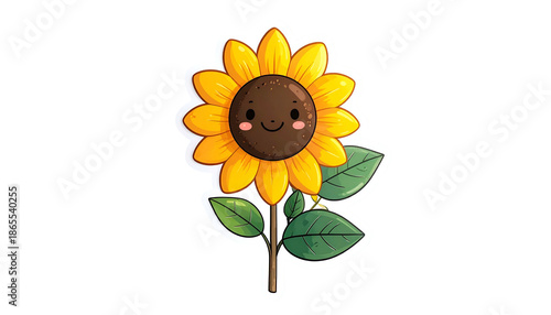 Cartoon sunflower with a smiling face, vibrant petals, green leaves, and black background