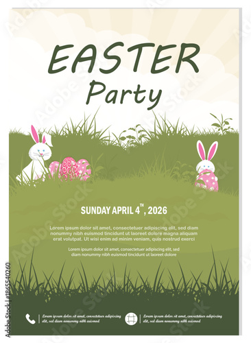 Easter Party flyer template with cute bunnies, decorated eggs, and spring grass