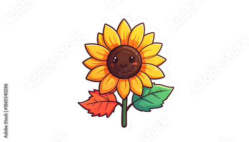 Cheerful cartoon sunflower with a smiling face, leaves, and a gradient background
