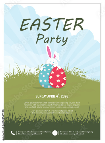 Easter party flyer template with bunny, decorated eggs, and spring grass