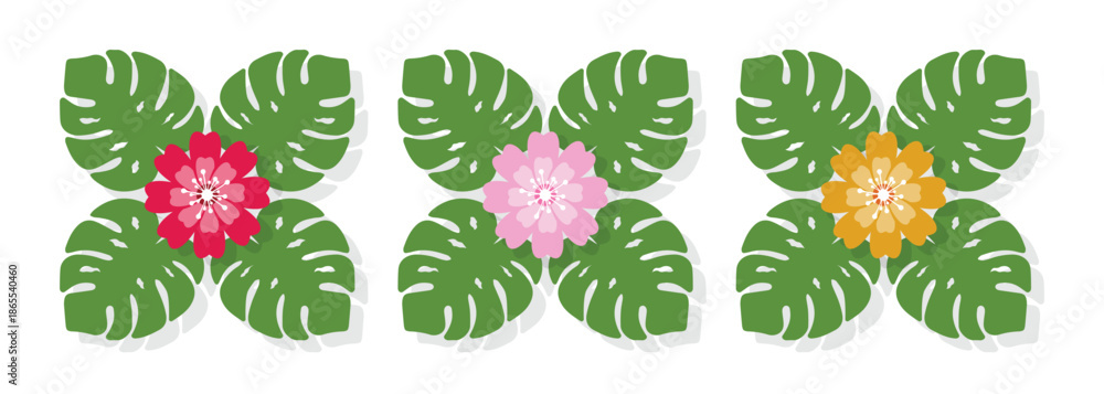 Fototapeta premium Tropical flower and monstera leaf illustration set with colorful floral designs