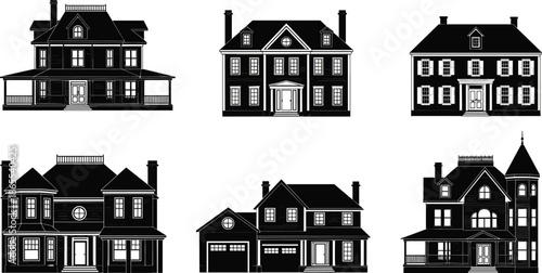 Set of six black and white architectural house illustrations showcasing diverse residential building styles, perfect for design, real estate, and education.