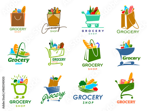 Grocery icons, food market, store, supermarket and shop signs. Vector shopping basket, cart and bag full of food products, fresh fruit, vegetables and bread isolated symbols set for grocery shop