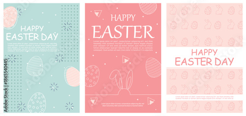 Happy Easter banner and greeting card set with pastel eggs and spring elements
