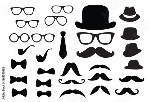 Gentleman accessories silhouette icon set with hats, glasses, mustaches, and bow ties