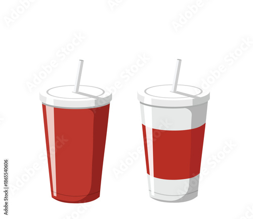 Disposable takeaway drink cup illustration with lid and straw in flat style