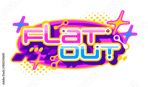 Colorful vintage Y2K flat out icon, label element. Funky sticker, colorful Y2K vector label. Cool vintage icon or nostalgic retro patch with pink and blue neon digital typography and sparks