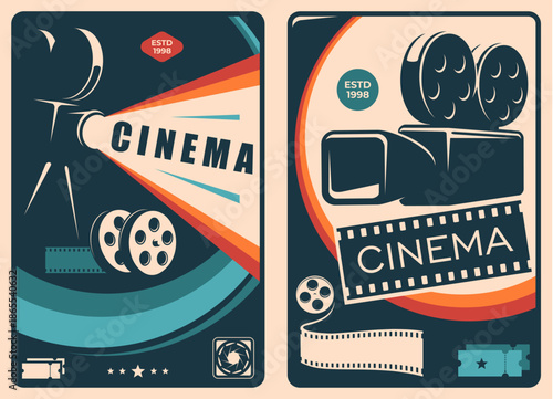 Retro movie cinema posters with classic reel projector, large film reels and projection light, film ticket, roll of film strip. Vector entertainment banners for film festival and cinematography event
