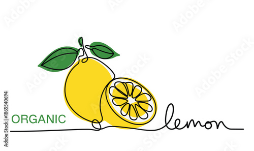 Yellow lemon with green leaves and text organic lemon in black line style leaf fruit.