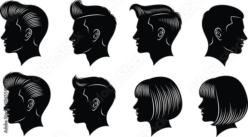 Side Profile Silhouette Vector of Male and Female Hairstyles Featuring Classic, Modern, Slicked, Cropped, and Bob Haircut Styles