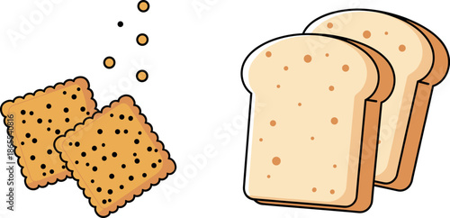 Vector illustration of crunchy whole grain square crackers and soft white sliced bread isolated on white background for bakery.