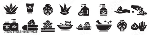 set of black glyph icons featuring aloe vera on a white