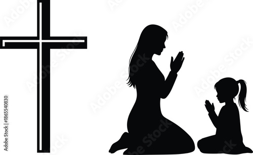 Silhouette of praying woman and child with Christian cross symbolizing faith, family bond, devotion, spirituality, and religious connection.