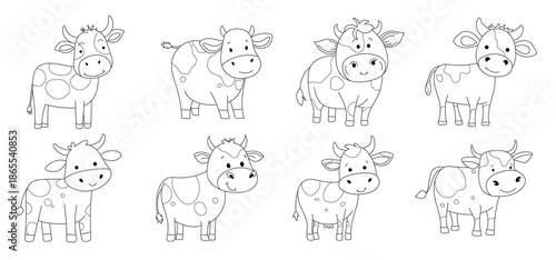 set of cow drawings in different poses