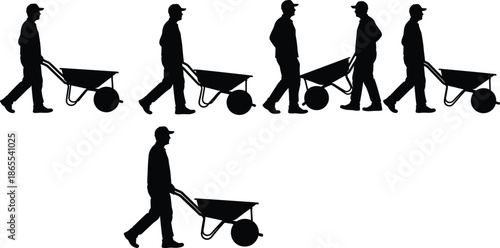 Construction workers pushing wheelbarrow silhouette, manual labor teamwork industry job workforce effort collaboration hard work concept illustration isolated white background vector