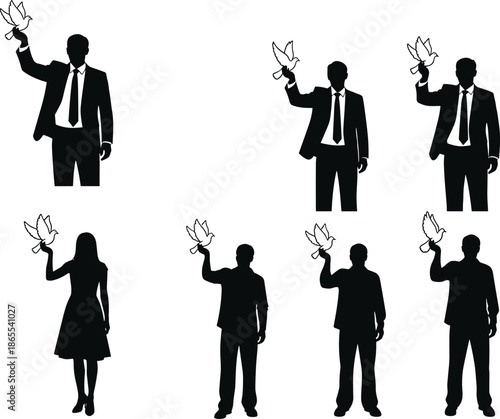 Silhouette people holding white doves symbolizing peace, unity, freedom, diversity, equality, hope, harmony, and global togetherness in modern society.