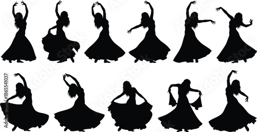 Flamenco dancer silhouette collection, elegant female dance poses, flowing dress movement, traditional spanish art, rhythm, passion, performance, isolated white background