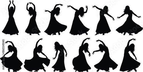 Flamenco dancer silhouette set, graceful female dance poses, flowing dress movement, traditional art, rhythm, passion, isolated white background illustration, vector