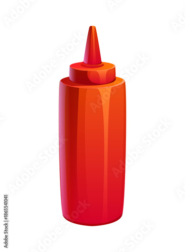 Cartoon red plastic squeeze ketchup sauce bottle with a pointed nozzle cap, isolated on white background. Vector spicy chili ketchup for bbq, fast food and American cuisine menu