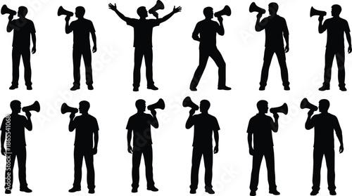 Man with megaphone silhouette set, public speaking communication poses, announcement protest leadership concept, marketing promotion, loudspeaker message, isolated white background