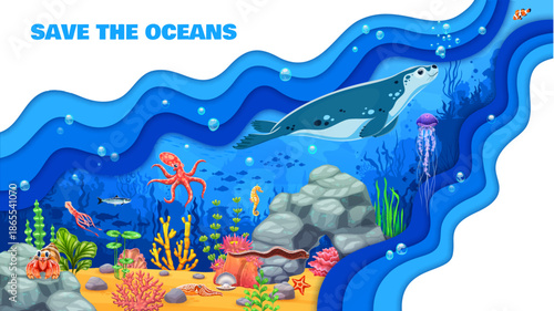 Save the oceans paper cut banner with sea animals and fishes, vector underwater landscape. Save ocean nature and protect sea environment banner with octopus, seal and crab in paper cut water waves
