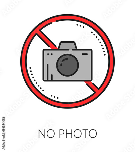 Museum art gallery and exhibition color line icon of no photo sign, vector pictogram. Museum antique exhibit masterpiece or ancient relic and historical artifact showcase icon of no photo sticker