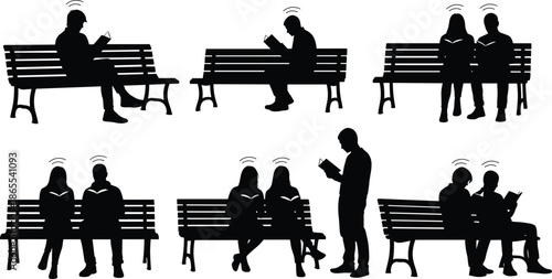 People reading books on park bench silhouette set, leisure education concept, outdoor reading activity, knowledge learning, quiet lifestyle, isolated white background illustration