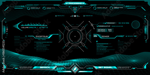 Hud aim target screen. Futuristic military interface vector display with aim markers, radar circle, distance indicators, data panel, numeric codes, navigation and landscape grid