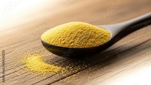 Spoonful of yellow powder on wooden surface
