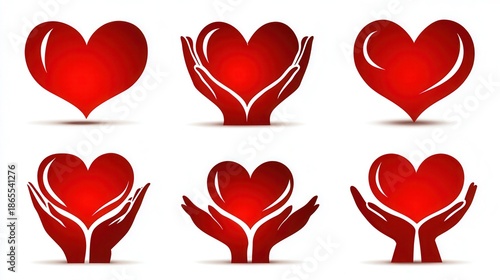 Set of red hearts icon, hands holding heart, solid white background  