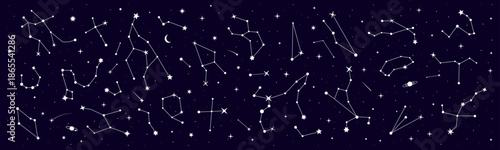 Border of star constellation for mystic astrology with night sky map, vector background. Zodiac signs in star constellations border with starry sky for mystic astrology, esoteric magic and horoscope