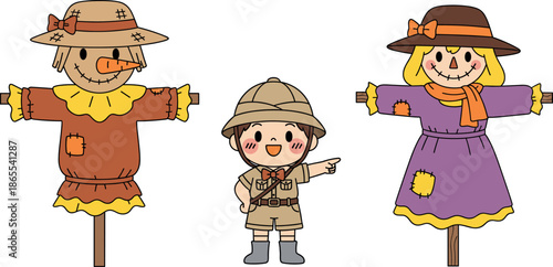 Vector illustration of cute cartoon scarecrows and child in safari outfit isolated on white background for seasonal themes.