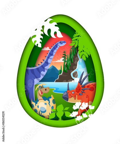 Paper cut dino egg with cartoon funny prehistoric dinosaurs. Green dinosaur egg cutout showing prehistoric scene with blue sauropod, red triceratops and baby dinosaur hatching
