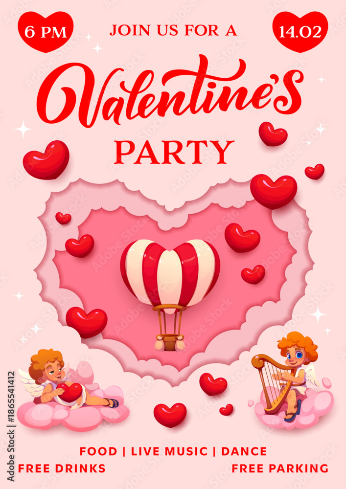 Obraz premium Paper cut Valentine day party flyer for love holiday invitation with hearts and cherub angels, vector poster. Valentine day entertainment party flyer with paper cut cupid angels on pink clouds