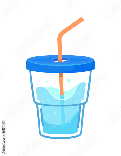 Cartoon fresh water drink in transparent plastic cup filled with clean water, topped with a blue lid and straw. Isolated vector refreshing beverage in portable mug with bubbles and waves