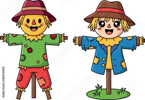 Vector illustration of cute cartoon scarecrows with patches and sparkly eyes isolated on white for autumn harvest.