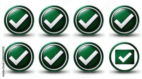 Set of sage green check marks in a circle icons, solid white background 