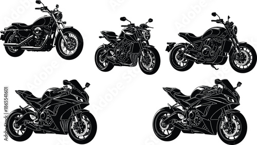 Silhouette vector set of cruiser, standard, and sport motorcycles in black isolated style for automotive, transport, and bike design themes.